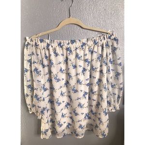 Blue Floral Print Off The Shoulder Blouse Medium
